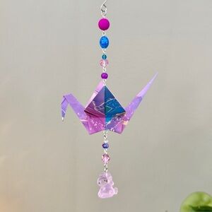 Origami Ornament #2425 - Large Crane with Glow in the Dark Unicorn